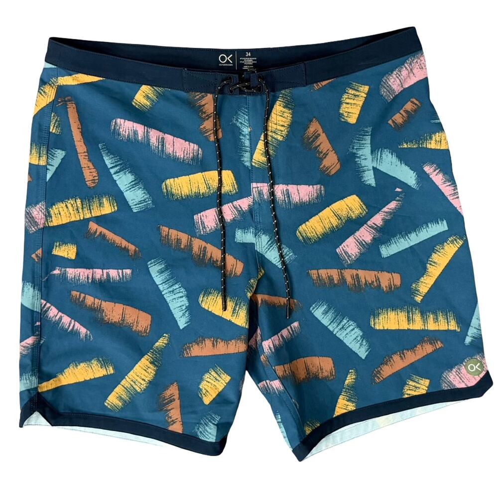 Outerknown Blue Pink Yellow Orange Brush Strokes Men's Swim Shorts Trunks sz 34